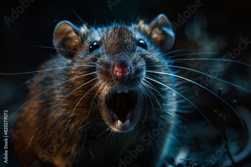 A menacing rat against a dark backdrop, representing rodents as disease carriers. Beware the danger of this snarling mouse.         © Uliana