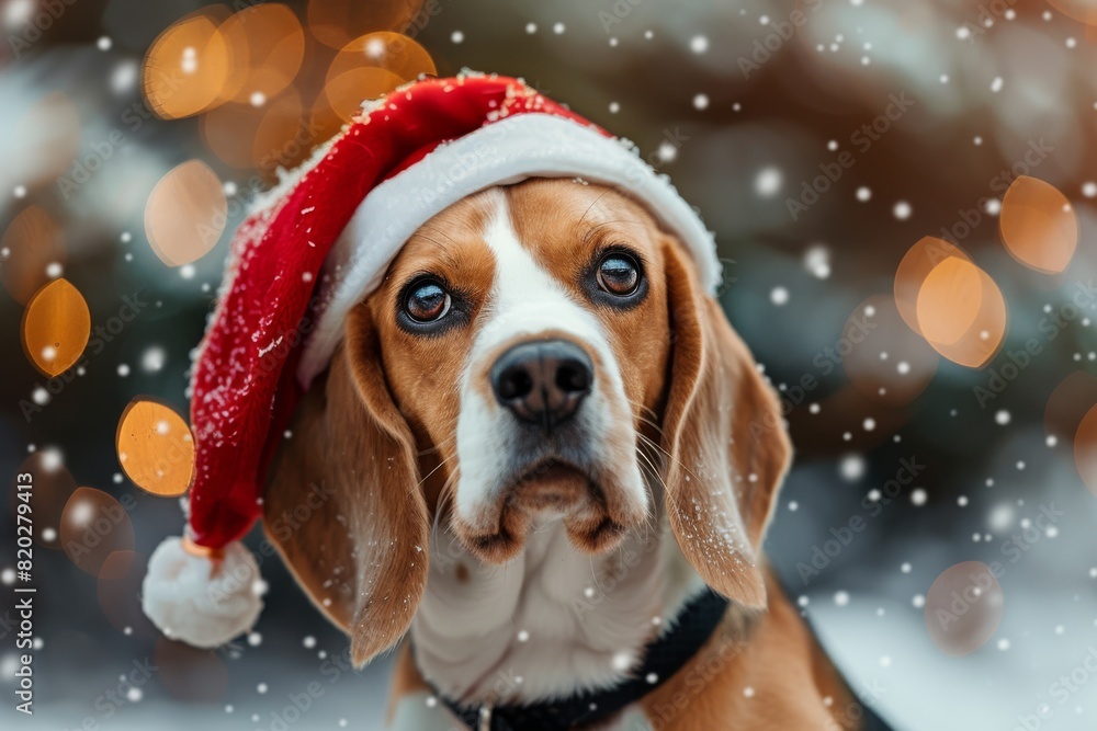 Beagle breed dog wearing festive red Santa hat posing outdoor in snowy park decorated for holidays . Christmas celebration. Bright warm colours.