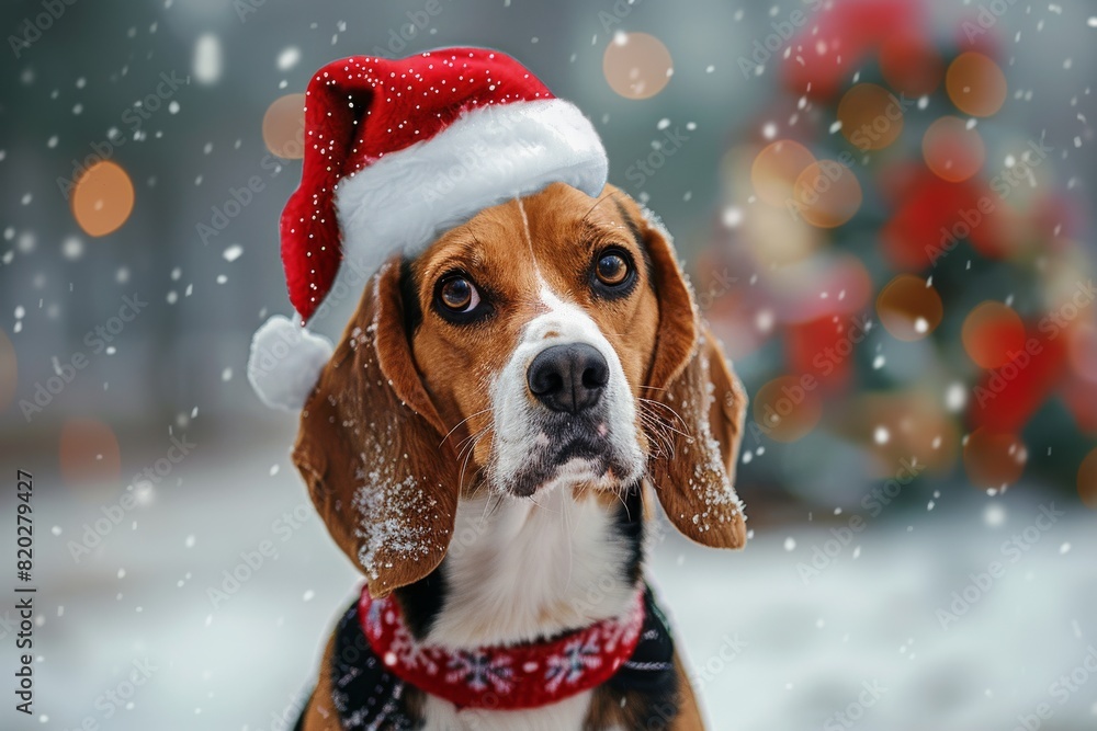 Beagle breed dog wearing festive red Santa hat posing outdoor in snowy park decorated for holidays . Christmas celebration. Bright warm colours. Beagle breed dog wearing festive red Santa hat posing outdoor in snowy park decorated for holidays . Christmas celebration. Bright warm colours.