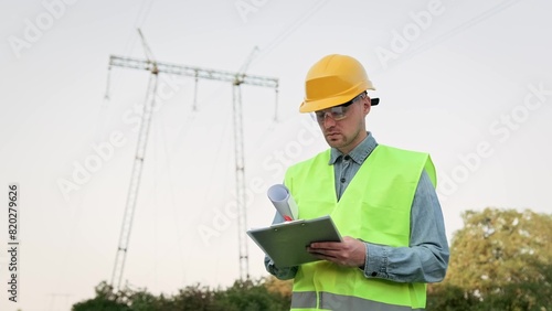 Energy auditor conducting transmission tower inspection on construction site