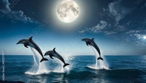 Three dolphins leap gracefully from the ocean waves under a full moon  creating a serene and captivating night seascape.