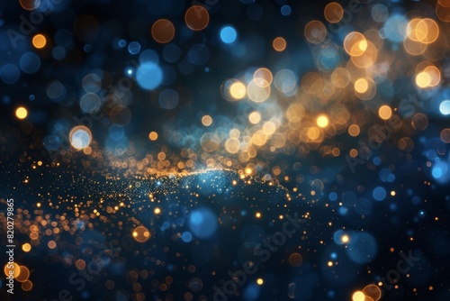 Golden light particles shine against a navy blue background, creating a festive holiday atmosphere. Abstract dark blue and gold bokeh background. 