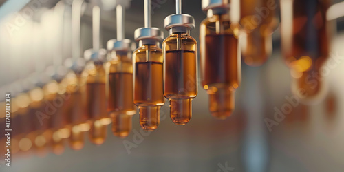 Brown vials hang from a metal hook, waiting to be injected. photo