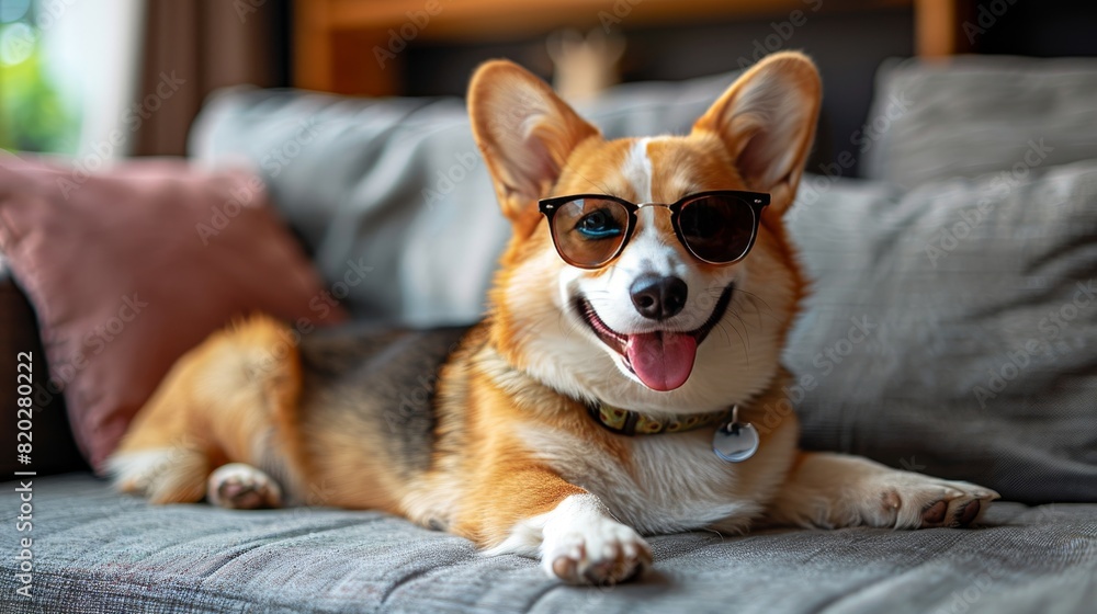Cute fluffy Welsh Corgi dog with collar and sunglasses looking at the camera against a pink background Cute fluffy Welsh Corgi dog with collar and sunglasses looking at the camera against a pink background
