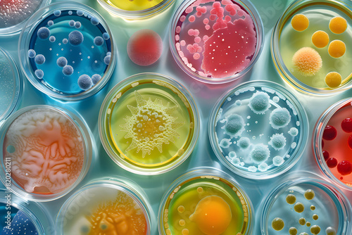 Colorful petri dish bacterial cultures