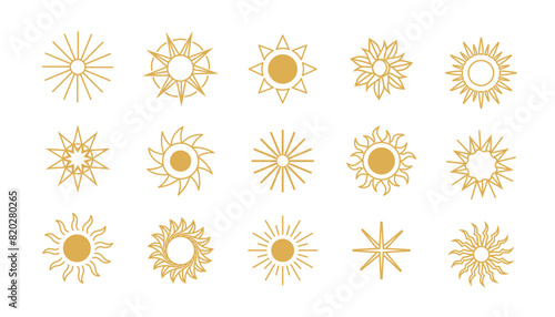 Sun yellow icon set. Gold sun line art collection. Vector illustration