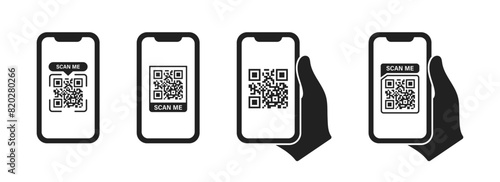 Scan QR icon, hand with phone. Qr code symbol. Vector illustration