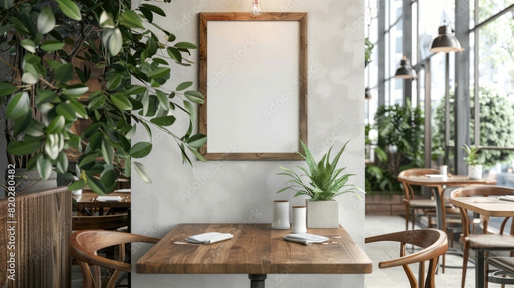 Mockup for menu in wooden frame on table, space for your text or product. Generative AI realistic