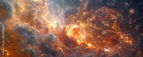 Vibrant, panoramic view of a fiery nebula scattered with stars in outer space photo