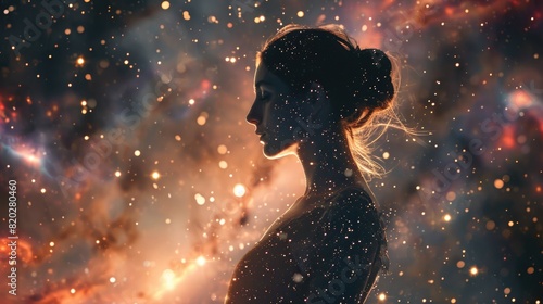 The double exposure picture of adult female human with galaxy or universe in great enormous space that starring into beautiful bright galaxy space that filled with uncountable amount of star. AIGX03.