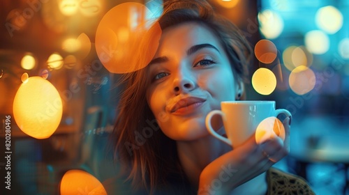 Portrait of beautiful woman blowing kiss in café on blurred background.