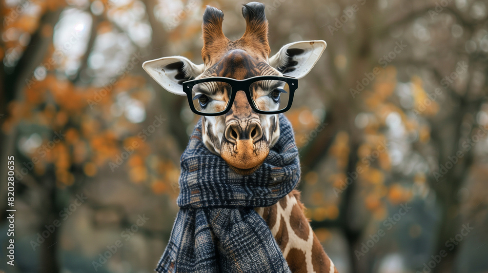Obraz premium Giraffe Wearing Glasses and Scarf