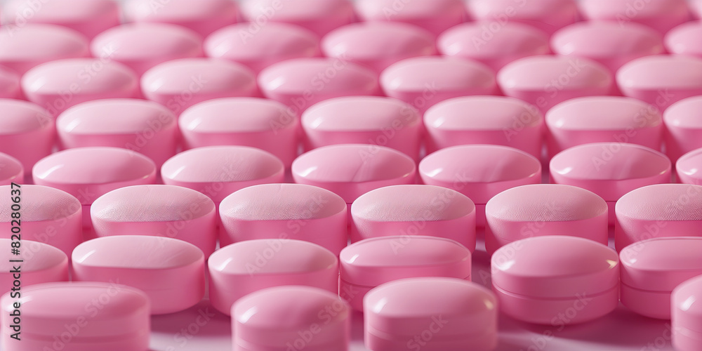 Pink capsules stacked in neat rows on a sterile plate, ready for inspection. Pink capsules stacked in neat rows on a sterile plate, ready for inspection.