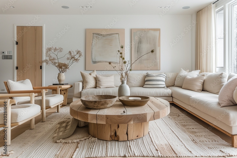 : A Scandinavian-inspired living room featuring light wood furniture, neutral-colored textiles, and minimalist decor. A large, round coffee table serves as the centerpiece. : A Scandinavian-inspired living room featuring light wood furniture, neutral-colored textiles, and minimalist decor. A large, round coffee table serves as the centerpiece.