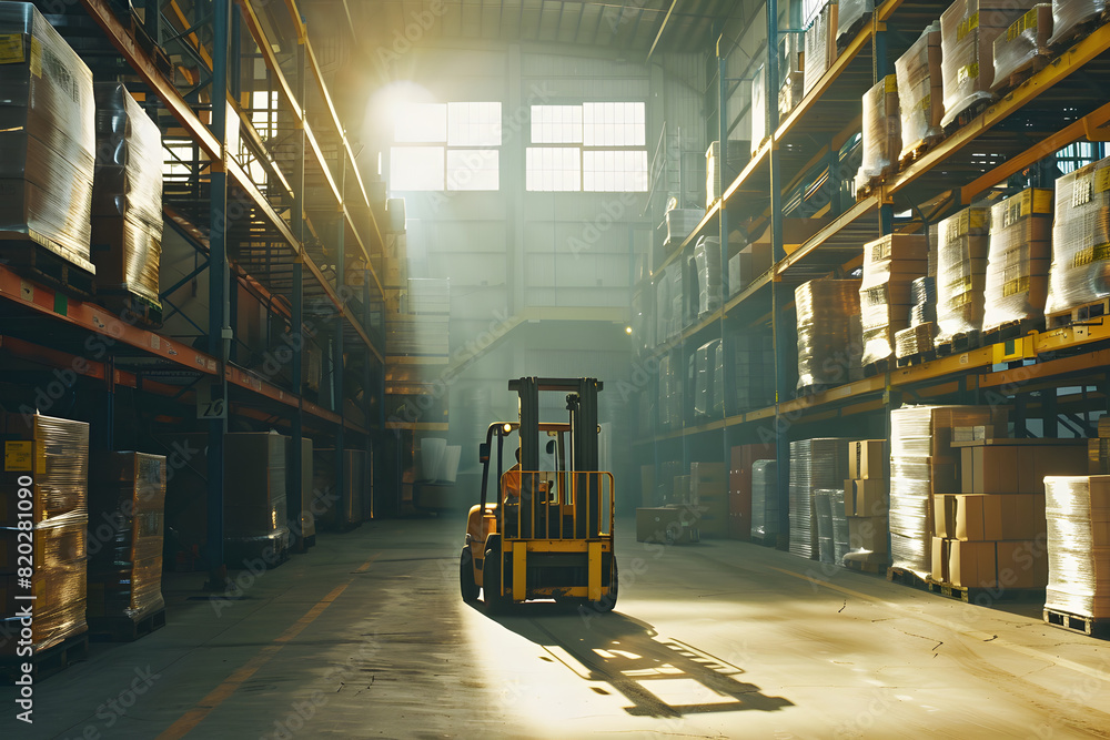 Forklift in a spacious warehouse with large shelves filled with boxes ...