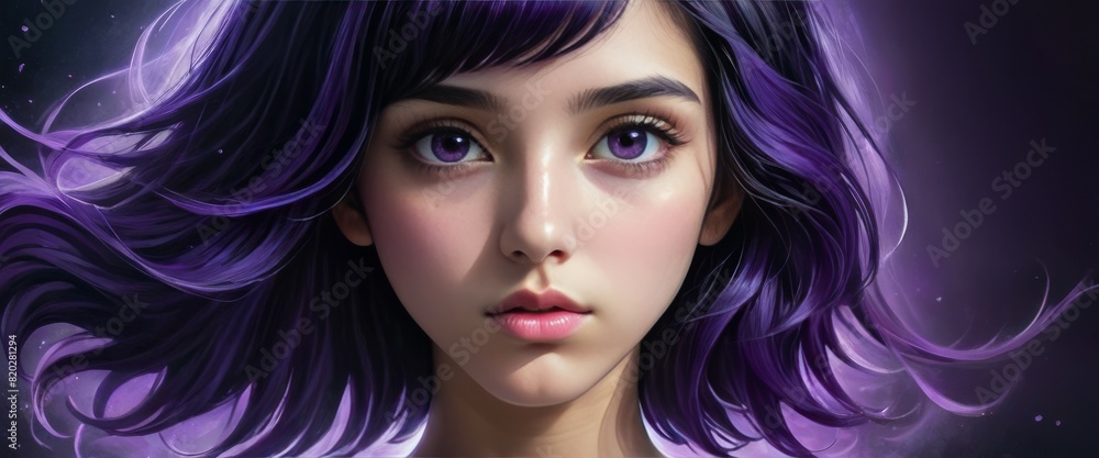 Digital art of a young woman with deep purple hair flowing amidst a cosmic backdrop, showcasing a mystical and captivating gaze.