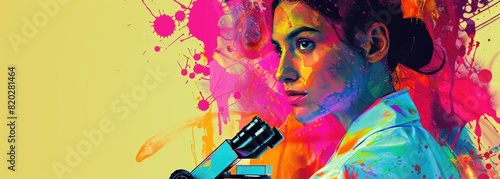 A photo of a woman in a lab coat looking at a microscope The photo is taken from a side angle and the woman's face is partially obscured by the microscope The background is a bright yellow and the