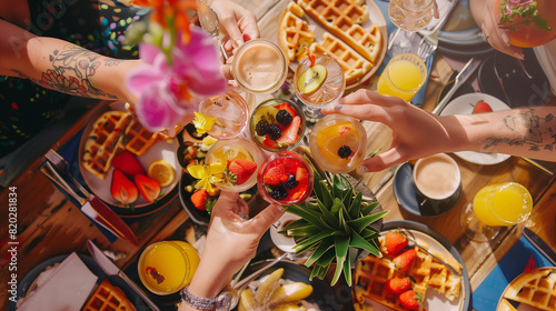 group of friends gathered around a table filled with brunch goodies like waffles, fruit, and mimosas