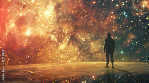 Contemplating the cosmos: a solitary figure amidst stardust