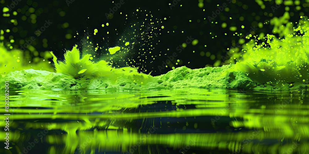 Neon green powder floats through water, reflecting on the surface. Neon green powder floats through water, reflecting on the surface.