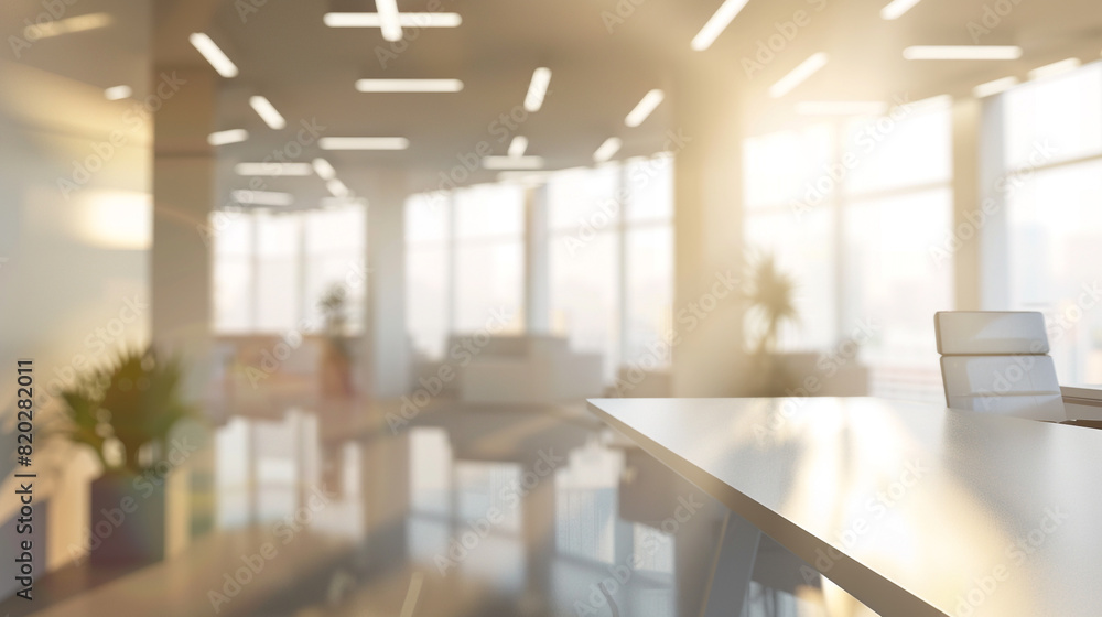 intentional blurred background of a light modern office interior with panoramic windows and beautiful lighting.