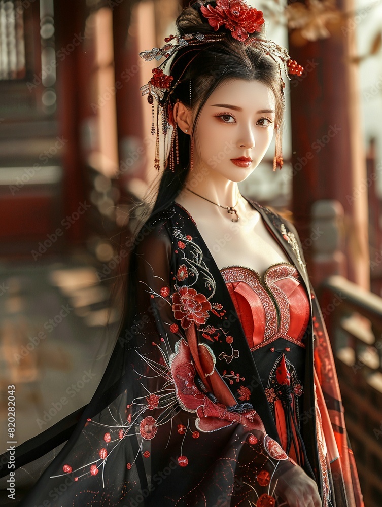 Ancient costume beautiful woman in the style of Chinese style, long hair, red and black Hanfu dress , Chinese palace background, fantasy world