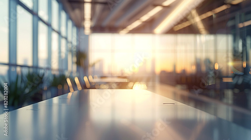 intentional blurred background of a light modern office interior with panoramic windows and beautiful lighting.