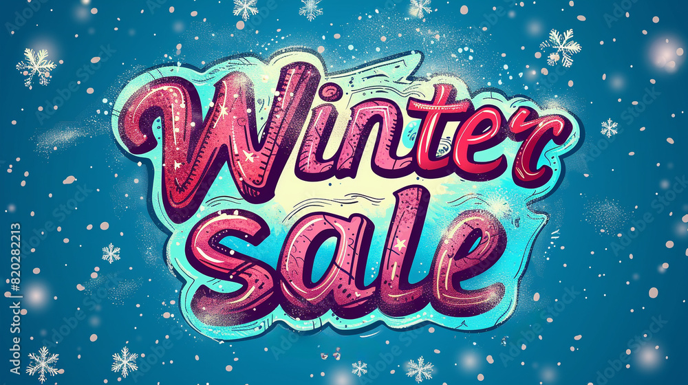 block text winter sale pop art comic style, blue cold background, snow flakes, retail, shopping concept