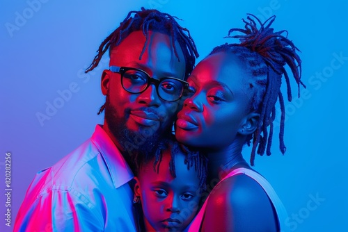 Minimalist photo of a black woman expert in cybersecurity, with an overlay of AI code, accompanied by her husband and daughter, symbolizing the balance between professional expertise and family life.