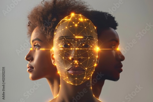 Minimalist photo of a black woman expert in cybersecurity, with an overlay of AI code, accompanied by her husband and daughter, symbolizing the balance between professional expertise and family life.
