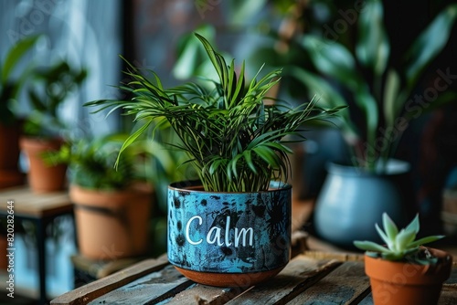 the whiteboard displays the word calm in blue, representing a mental health support concept in a banner mockup photo