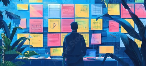 The image shows a person standing in front of a large wall of colorful sticky notes. The person is wearing a suit and tie and has their back to the viewer. The sticky notes are all different colors photo