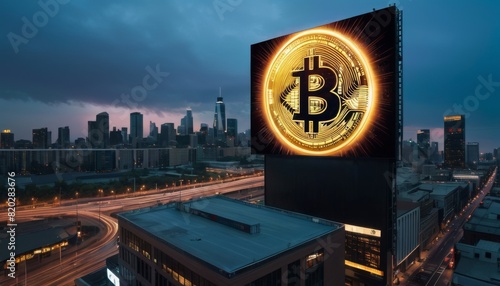 A glowing Bitcoin logo displayed on a large billboard at dusk with a city skyline in the background