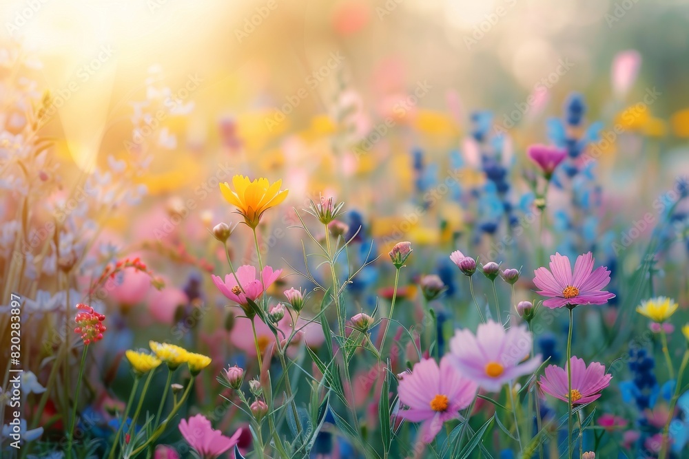 A close-up view reveals a field adorned with blooming flowers and herbs, showcasing the vibrant beauty of wild plants. This picturesque scene embodies the essence of the spring or summer season.





