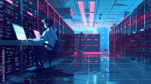 Telecommunication concept. Computer engineer working on laptop computer with server room, data center, big data storage as backgrounds, digital technology, database, IT support