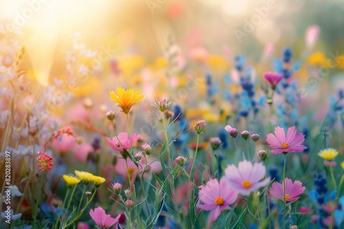 A close-up view reveals a field adorned with blooming flowers and herbs, showcasing the vibrant beauty of wild plants. This picturesque scene embodies the essence of the spring or summer season.