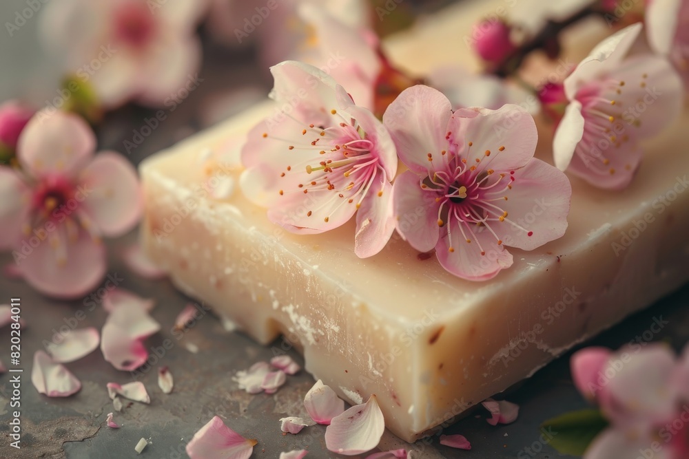 A close-up shot featuring a handmade soap bar accompanied by pink blossoms, evoking notions of spa and self-care with organic products.
A close-up shot featuring a handmade soap bar accompanied by pink blossoms, evoking notions of spa and self-care with organic products.