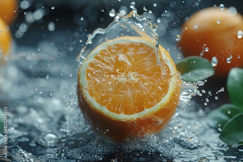 A captivating close-up captures a fresh orange suspended in mid-air  accompanied by splashes of water. This imagery highlights the appeal of tasty  healthy organic fruit.  