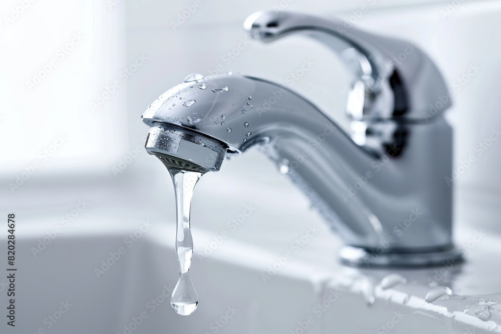 Water tap. Water flow from sink to ceramic washbasin.