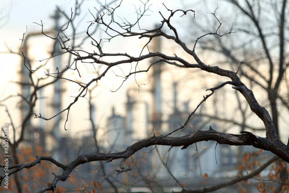 Twisted Tree Branches in Foreground with Blurred Oil Refinery in Background