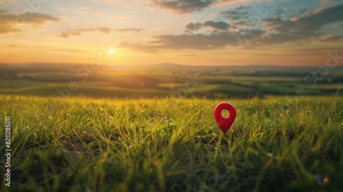 Green field and sunset with destination big red pin location.Picnic