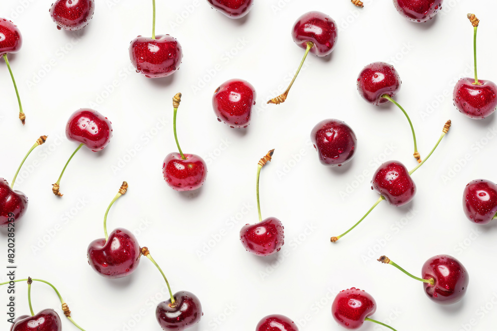 op View of Beautiful Cherries Arranged with Spacing on White Background - Fresh and Vibrant Background for Commercial Use