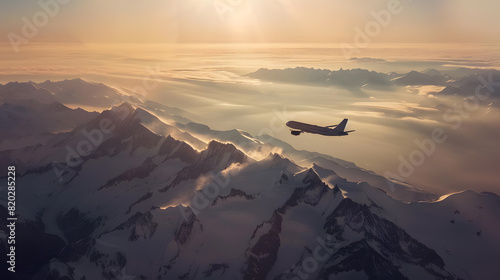 A mountain range with a red and white airplane flying over it