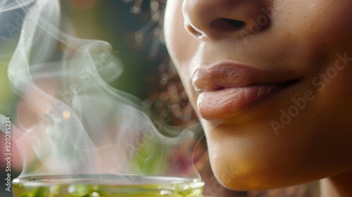 Savoring Aromatic Steam: A Close-Up on Woman Enjoying Hot Beverage