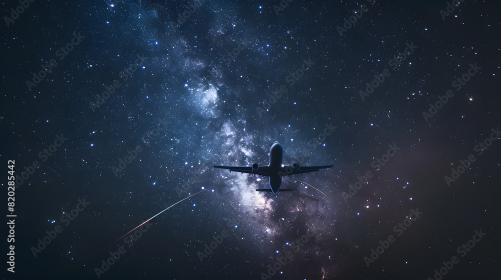 Naklejka premium A plane is flying through the night sky, surrounded by a beautiful milky way