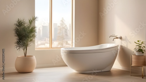 This contemporary  elegant wall-hung toilet bowl features a closed seat with dual flush  a reeded glass divider  a bidet  a tissue paper holder  and a white bathtub set against a beige wall background