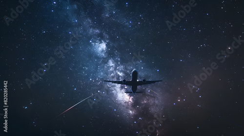 A plane is flying through the night sky, surrounded by a beautiful milky way photo
