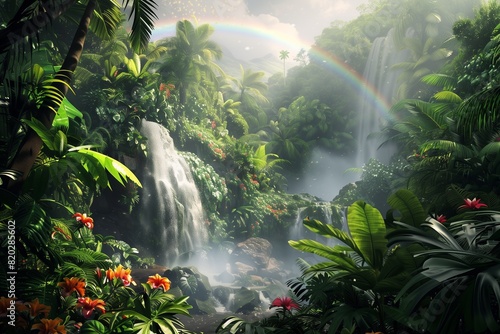 A lush tropical rainforest with dense foliage  vibrant exotic flowers  cascading waterfalls  and a rainbow arcing across the misty air.
