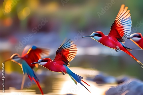 southern carmine bee eater merops nubicoides aerial perspective capturing the vibrant red and blue photo
