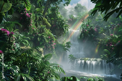 A lush tropical rainforest with dense foliage, vibrant exotic flowers, cascading waterfalls, and a rainbow arcing across the misty air.